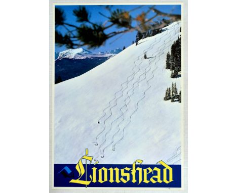 Original vintage ski travel poster for Lionshead in Vail, Colorado, ski resort featuring a great image depicting a birdseye v