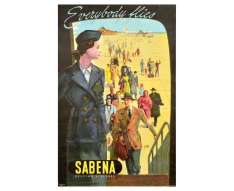 Original vintage travel advertising poster - Everybody flies Sabena Belgian Airlines - featuring an illustration of a flight 