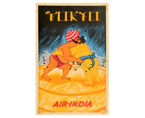 Original vintage travel advertising poster for Perth on Air India, featuring a colourful illustration with Air-India mascot (