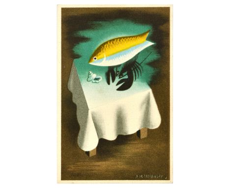 Original vintage postcard for Maison Prunier featuring great artwork by Adolphe Mouron Cassandre  of a fish, lobster and a sh