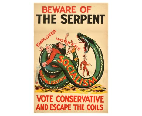 Original vintage political propaganda poster for the 1929 United Kingdom general election - Beware of the Serpent. Vote Conse
