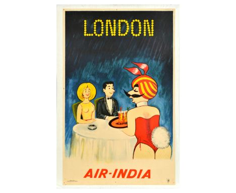 Original vintage travel advertising poster for Nandi Fiji on Air India, featuring a fun and colourful illustration with Air-I