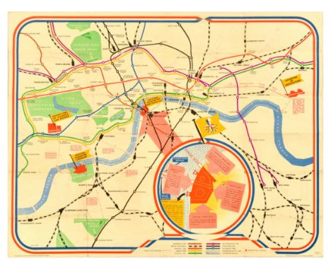 Original vintage map poster issued by London Transport British Railways -London Festival of Britain 1951 - Design includes a 