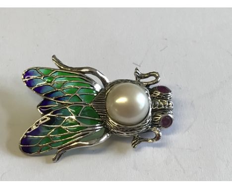 Silver & plique a jour bug brooch with mabe pearl & ruby eyes