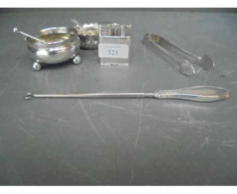 White metal engine turned Dunhill lighter, small silver bowl, silver mustard spoon, silver handled button hook & silverplate