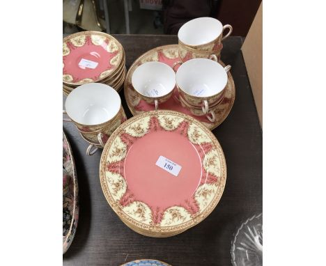 Qty of Royal Worcester teacups and saucers with side plates, slop bowl & pair of cake plates, pink ground with Arabesque bord