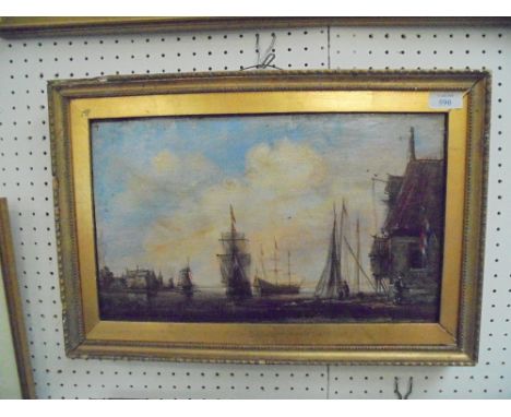 Oil on panel of a Dutch Seascape with Sailships at Anchor and Figures on Shoreline, signed with monogram, 24x40cm
