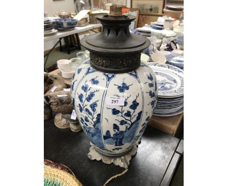 C19th Delft pottery Chinoiserie decorated ovoid table lamp with alternative figural & prunus panel decoration, 38cmH