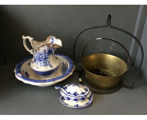 Jam pan with hanger and chain, large bowl and ewer, sauceboat, saucer & ladle