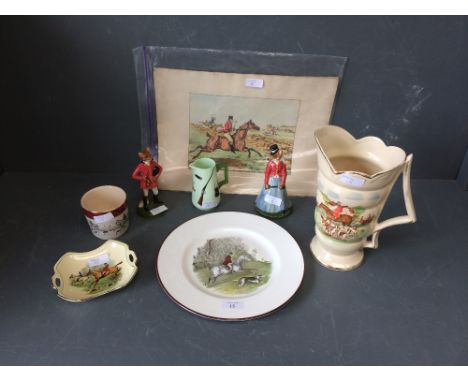 Hunting porcelain incl. 2 Gray's Fox family figures & 5 Alken hunting prints