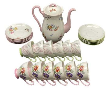 SHELLEY COFFEE/TEAWARE - two part sets consisting pink and white floral decorated coffee pot, six cups and six saucers and a 