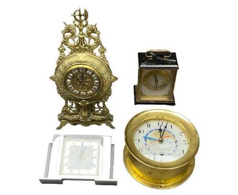 CLOCKS - Art Deco type mantel clock, 11cms tall, a brass Rococo style mantel clock, 34cms tall, a maritime effect wall clock 