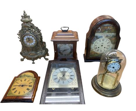 CLOCKS (6) - a brass French style mantel clock with a Roman numeral dial, Acctim bracket style clock, glass dome clock and, E