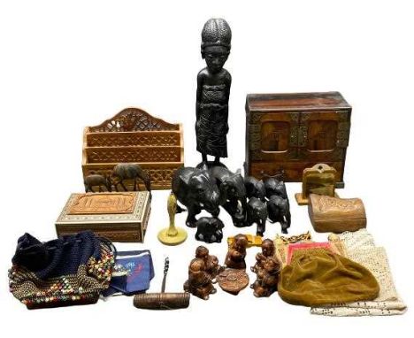 TREEN - carved African figure, 47cms H, lacquered jewellery box and other items to include old corkscrew, resin card playing 