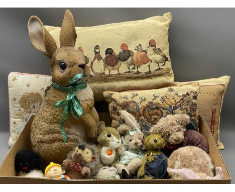 STEIFF RABBIT, COLLECTABLE BEARS, large composition seated rabbit and other toy collectables along with four needlework type 