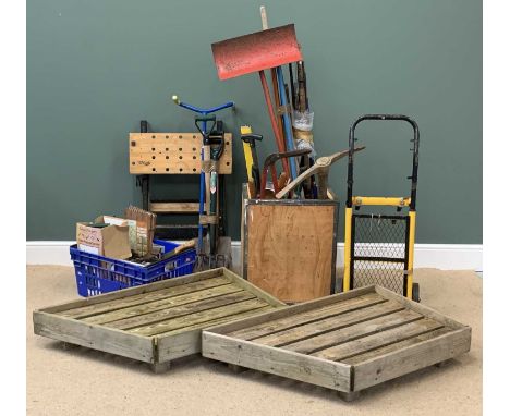 GARAGE &amp; GARDEN TOOLS &amp; ACCESSORIES - an assortment to include raised beds, folding work bench, also, a quantity of f