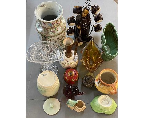 CHINESE FAMILLE VERTE VASE - 34cms tall, Crown Ducal, Carltonware, Sylvac, Continental monk decanter and other china, glass i