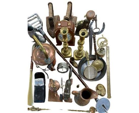 METALWARE - an interesting assortment to include Newlyn type copper jug, 18cms tall, other copper and brass items, dog nutcra