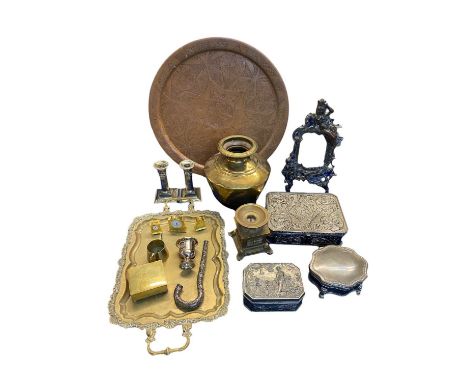 ASSORTED METAL WARE to include EPNS Corinthian columned square base candleholders, a pair, 14.5cms tall, embossed jewellery b