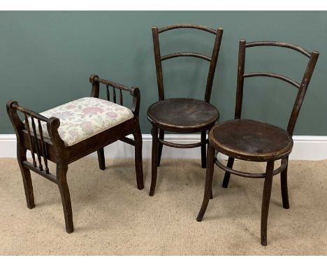 VINTAGE FURNITURE ASSORTMENT (3) - two Bentwood chairs (Fischel), 88cms H, 38cms diameter and a piano stool, 60cms H, 55cms W