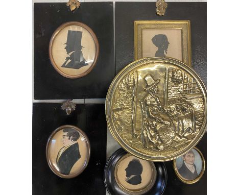 GEORGIAN &amp; LATER PORTRAIT MINIATURES &amp; SILHOUETTES (5) and a circular brass lidded box with repousse image of a Welsh