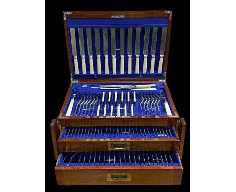 CANTEEN OF CUTLERY BY PEARCE &amp; SONS LEEDS - hinged top lid to a tray and two drawers below with brass inset handles, a 11