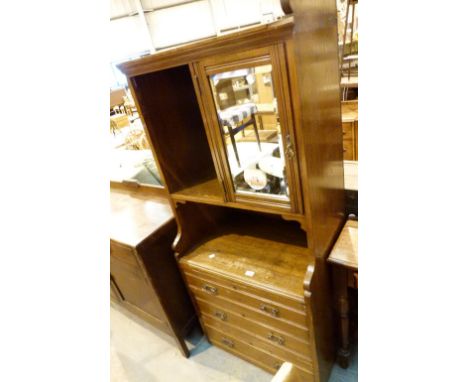 Oak chest of three drawers with shelf and mirrored cupboard over 