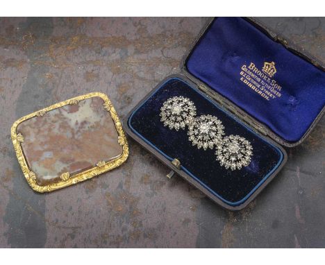 A moss agate and pinchbeck 19th Century panel brooch, within a pinchbeck frame, 4.6cm x 3.4cm, 12g together with a three bar 