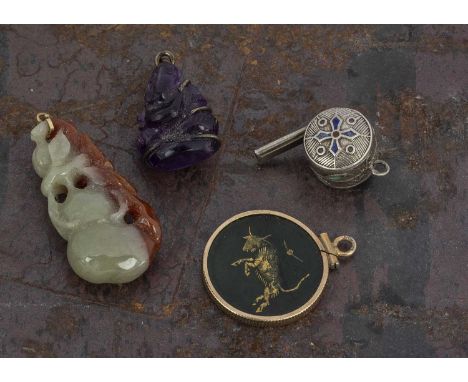 A small collection of Asian hardstone and silver charms and jewels, including a white metal and enamel whistle with floral de
