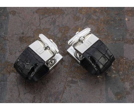 A pair of Dunhill silver and simulated crocodile leather cufflinks, of cuff design, with baton and hole snap clap, marked AD 
