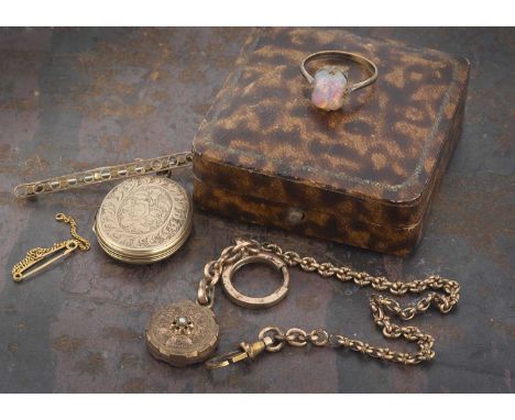 A base metal fob chain, with seed pearl and gilt metal roundel, a gold fronted and backed oval engraved locket, a Vauxhall gl