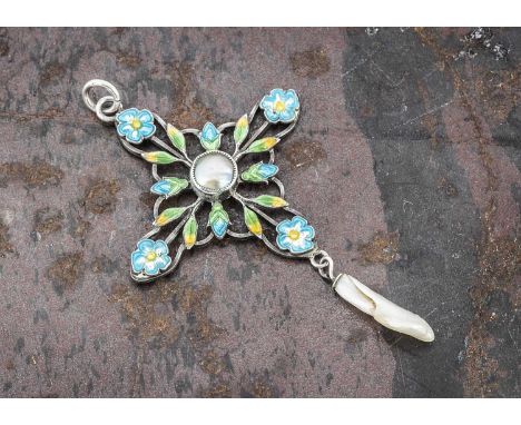 An Arts and Crafts silver, enamel and blister pearl sterling marked cross, the pierced floral cross set with flowers to each 