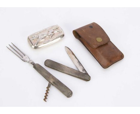A modern silver snuff box,  6.7cms wide, a campaign style folding knife and fork, also with cork screw in a leather pouch