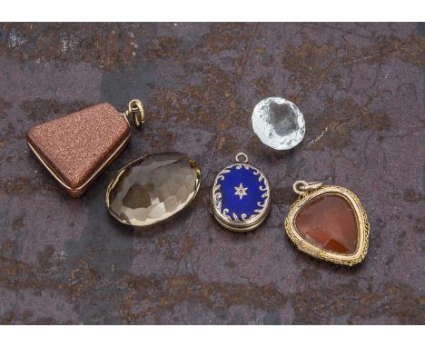 A collection of hardstone and enamel jewels, including a 19th Century blue enamel and engraved locket depicting an exotic bir