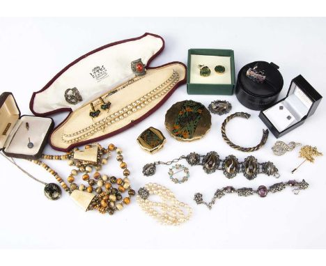 A collection of costume jewellery, including a pair of house of commons cufflinks opal stick pin and other items in a shortbr