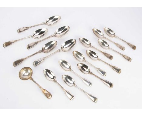 A set of nine Victorian silver fiddle and thread pattern dessert spoons by George Adams, together with five matching tablespo