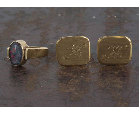 A 9ct gold opal doublet signet ring, ring size N, together with a pair of 9ct gold cufflinks, the cushion shaped fronts engra