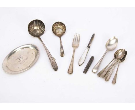 A small silver tray and other silver and plate, including an Irish Georgian silver ladle, five small teaspoons, a Christening