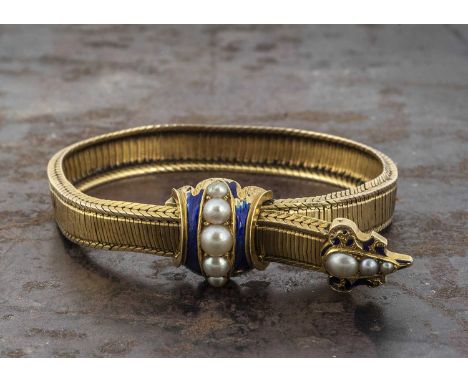 A 19th Century high carat gold enamel and pearl adjustable bracelet, the fine linked snakeskin and herringbone linked bracele