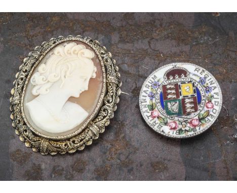 A shell carved cameo brooch or pendant, in an ornate silver gilt frame, carved profile of a young woman, together with an ena
