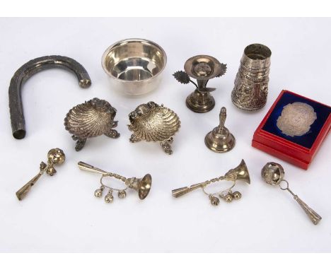 A small group of vintage Indian metal collectables and other items, including a pair of shell shaped salts, a walking stick h