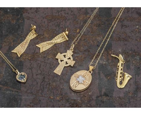 A collection of gold jewels, including a Celtic cross 9ct pendant and chain, an oval two colour gold locket, a topaz heat pen