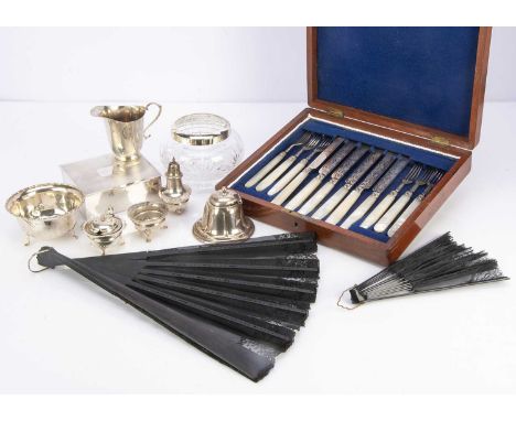 A collection of Victorian and later silver and silver plate, including a mahogany case with a set of six silver and mop handl