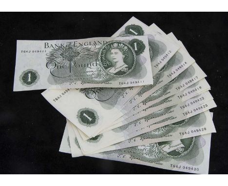 A consecutive run of twenty Bank of England Fforde £1 notes, serial numbers T64J 049411 to T64J 049430, in good condition, no