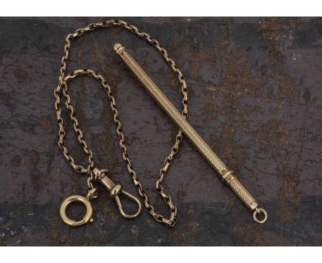 A 9ct gold swizzle stick, 5.6g, together with a gilt metal watch chain, marked 9ct, 7.8g