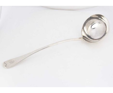 A late Victorian silver soup ladle probably by Francis Higgins, 34cm long and 9.15 ozt, Old English pattern with engraved fam