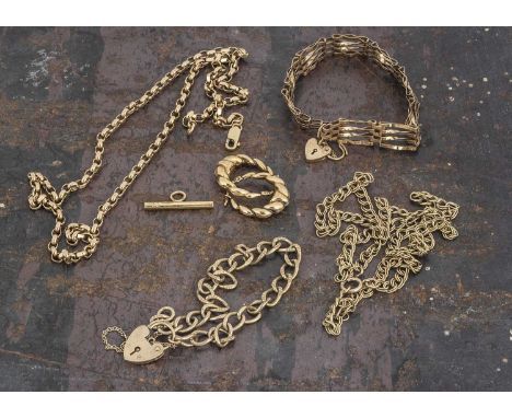 A collection of 9ct gold, including a gate link bracelet with padlock clasp, curb link bracelet with similar clasp, two neckl
