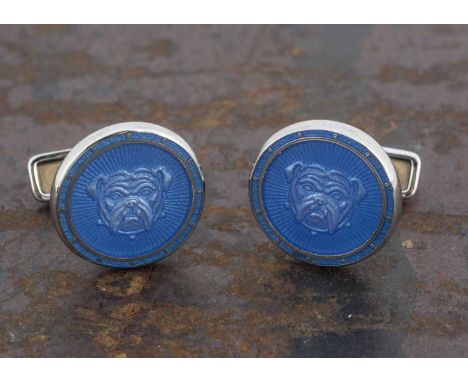 A pair of Dunhill silver and enamel cufflinks,  the roundel fronts set with blue enamel with guilloche enamel 'Bull Dog' head