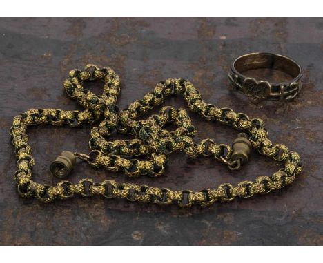 A 19th Century pinchbeck guard chain, of belcher links, now converted to necklace with screw clasp, 40cm max, together with a