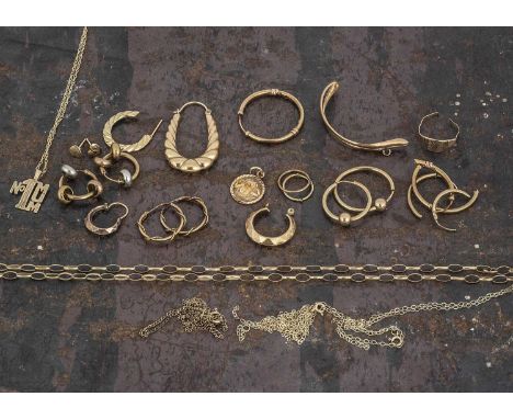 A small quantity of 9ct gold, including a child's signet ring, various hoop earrings, a small Virgo pendant, and other items,